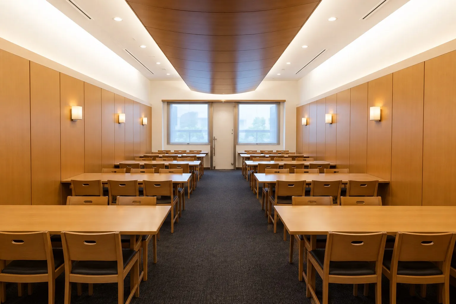 横浜市北部斎場の40人用の休憩室。木目の壁の部屋に、木のテーブルと椅子が並ぶ(イメージ)